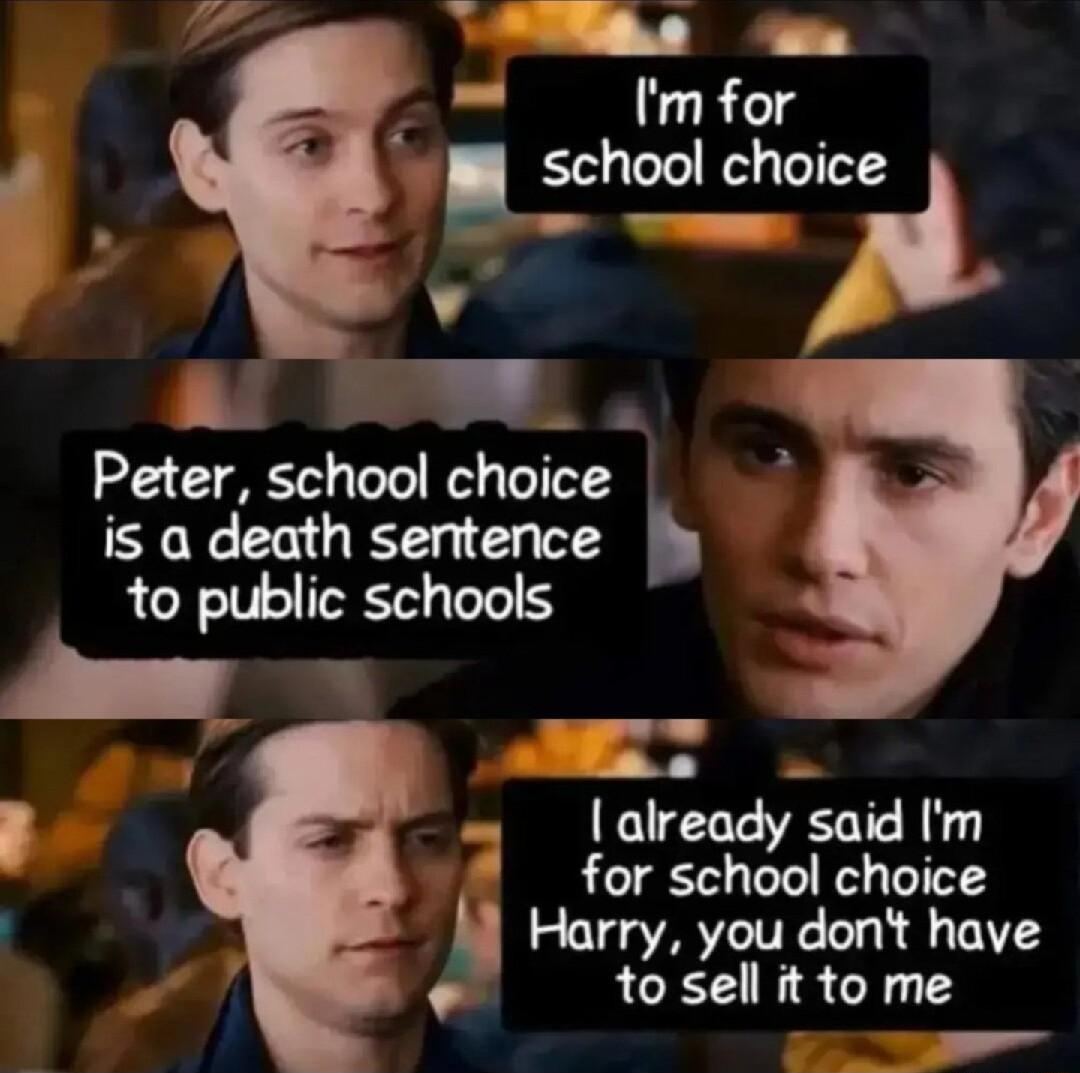 T Imfor 4 school choice I v Al DR Peter school choice is a death sentence h to public schools 5 I lalready said Im for school choice u Harry you dont have to sell it to me