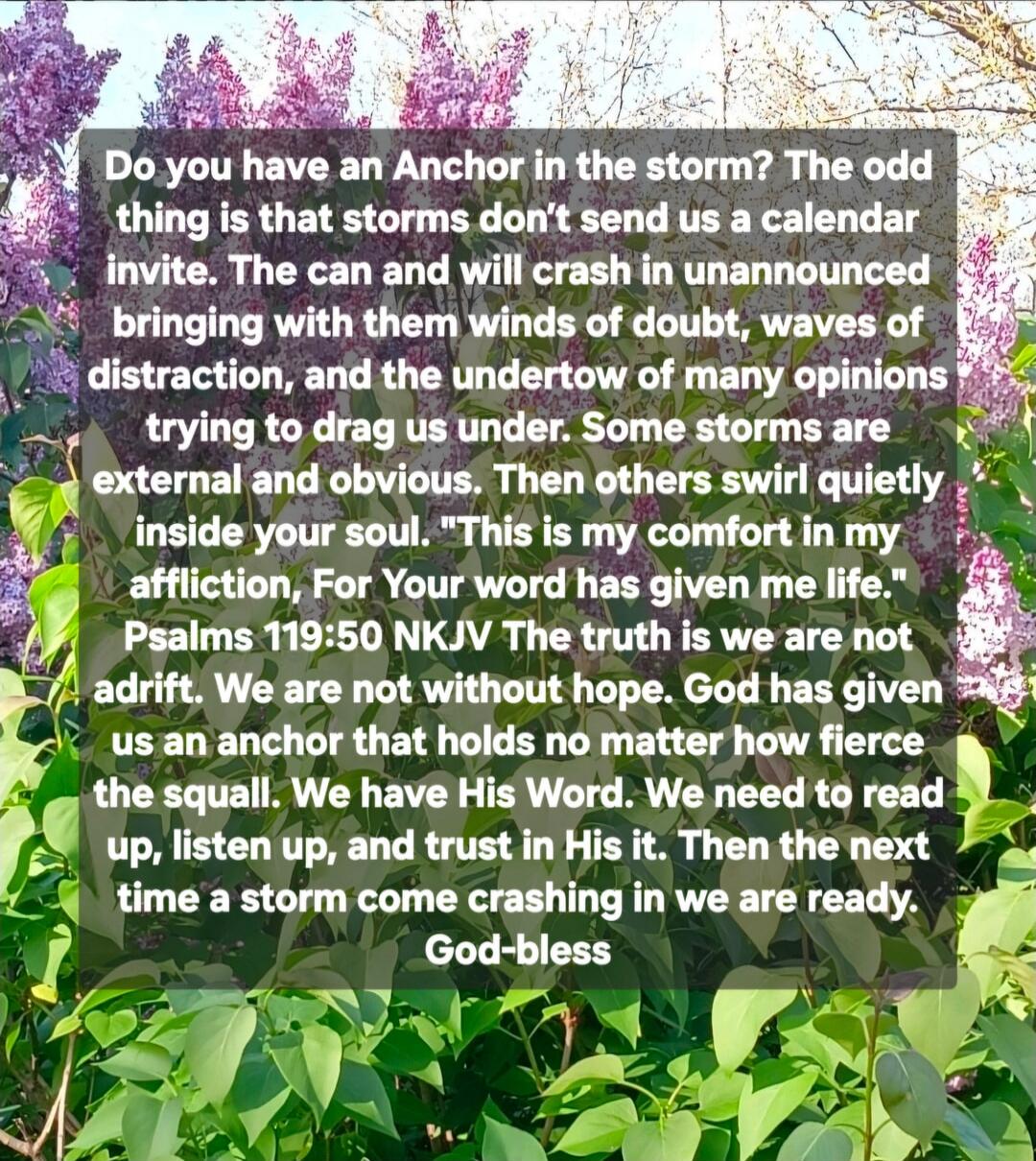 Do you have an Anchor in the storm? The odd thing is that storms don't send us a calendar invite. They can and will crash in unannounced bringing with them winds of doubt, waves of distraction, and the undertow of many opinions trying to drag us under. Some storms are external and obvious. Then others swirl quietly inside your soul. 