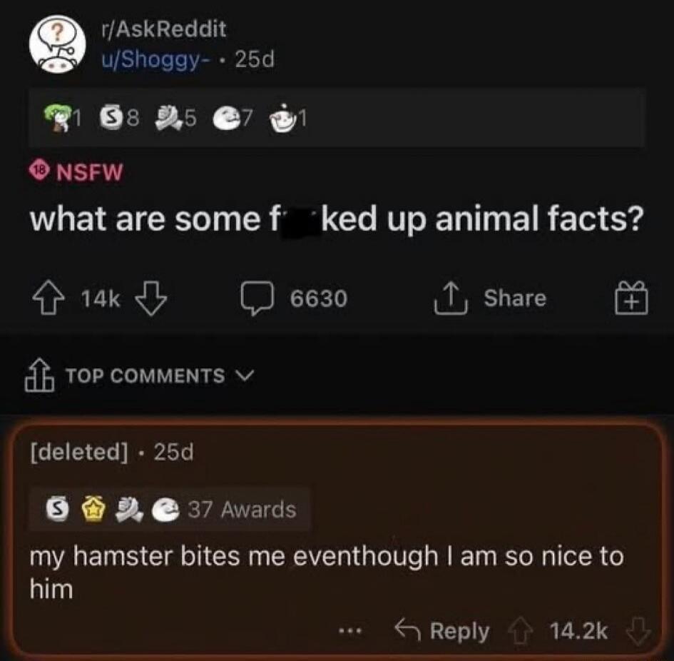 r/AskReddit: what are some f**ked up animal facts? [deleted]: my hamster bites me eventhough I am so nice to him.