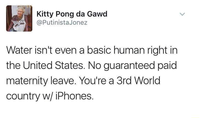 Kitty Pong da Gawd PutinistaJonez Water isnt even a basic human right in the United States No guaranteed paid maternity leave Youre a 3rd World country w iPhones