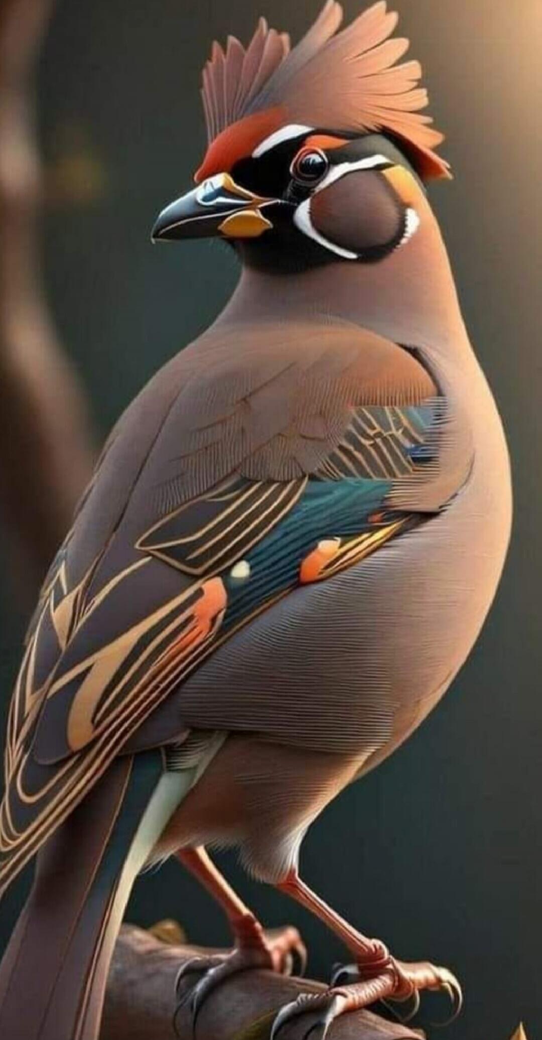 A stylized, colorful bird perched on a branch.