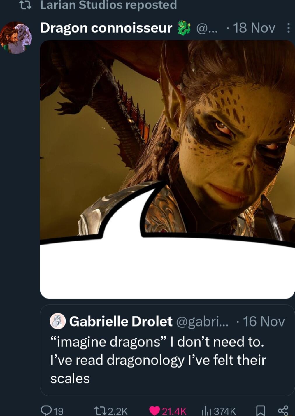 T Larian Studios reposted b Dragon connoisseur 18 Nov Gabrielle Drolet gabri 16 Nov imagine dragons dont need to Ive read dragonology Ive felt their scales 20 122K 214k u3ak QO L