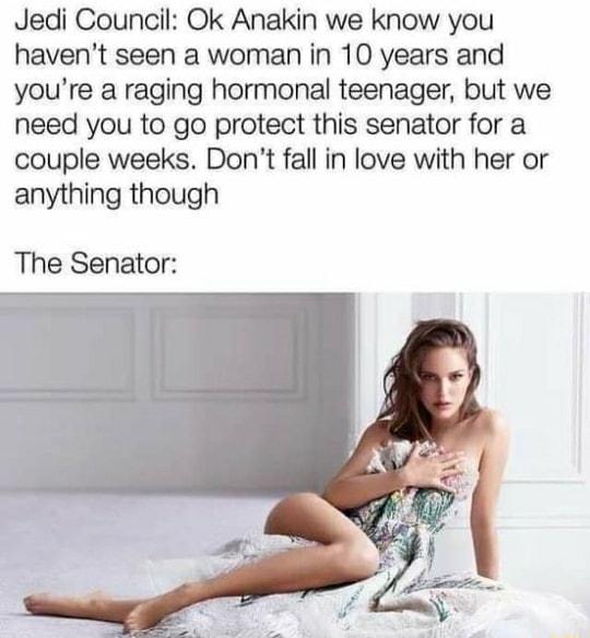 Jedi Council Ok Anakin we know you havent seen a woman in 10 years and youre a raging hormonal teenager but we need you to go protect this senator for a couple weeks Dont fall in love with her or anything though The Senator