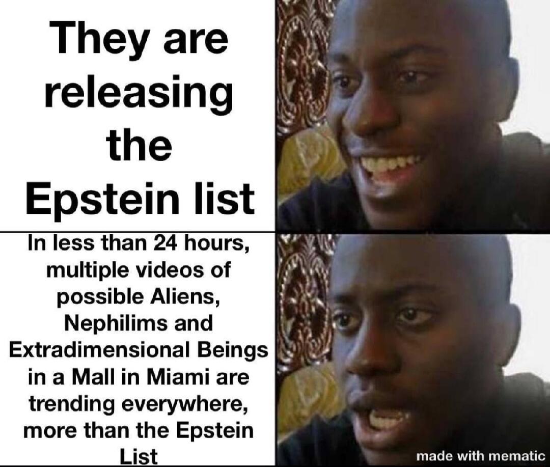 They are releasing the Epstein list In less than 24 hours multiple videos of possible Aliens Nephilims and 1 Extradimensional Beings Y in a Mall in Miami are g trending everywhere more than the Epstein List made with mematic