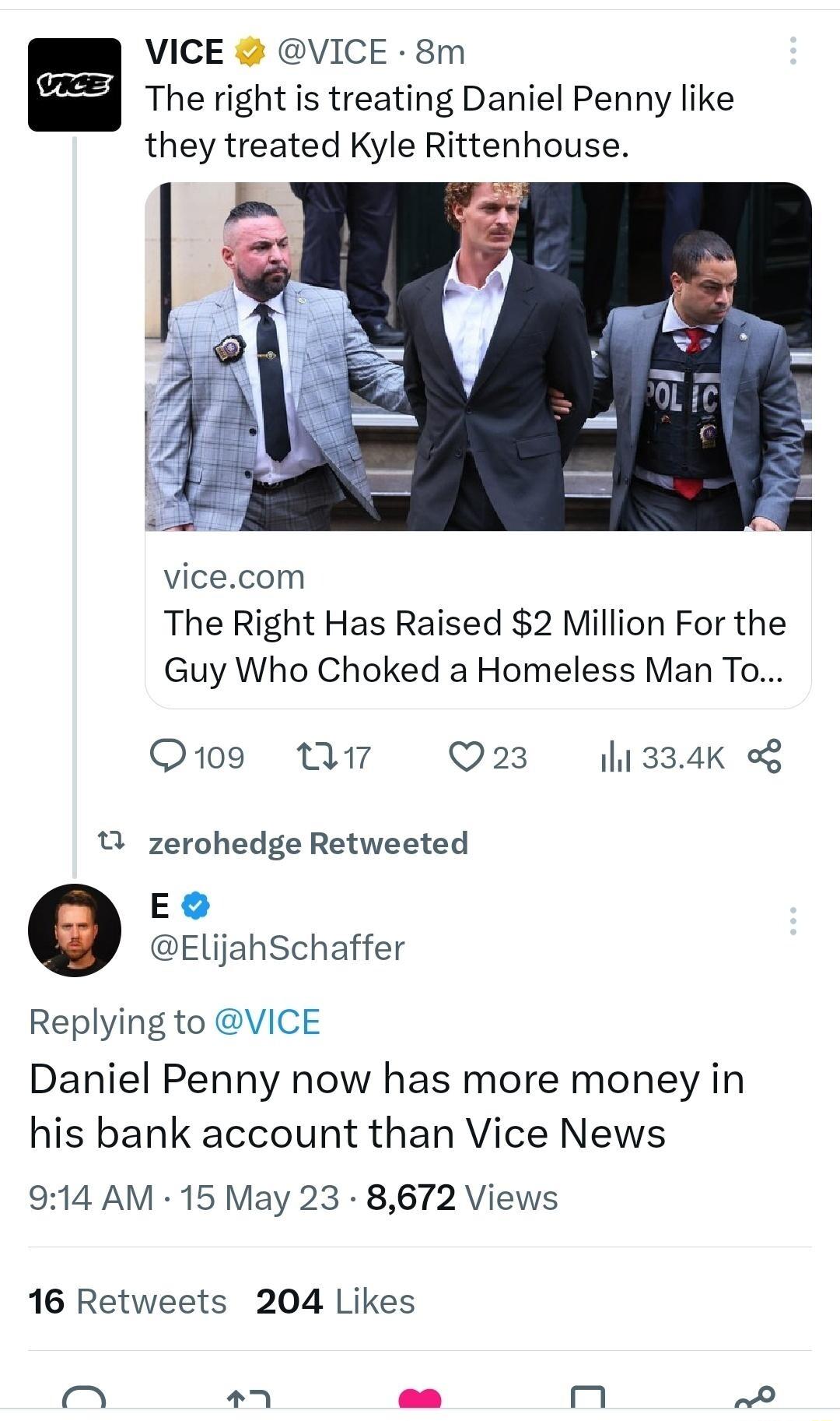 VICE VICE 8m K24 The right is treating Daniel Penny like they treated Kyle Rittenhouse vicecom The Right Has Raised 2 Million For the Guy Who Choked a Homeless Man To Q19 17 Q23 11 334K g 0 zerohedge Retweeted E EljjahSchaffer Replying to VICE Daniel Penny now has more money in his bank account than Vice News 914 AM 15 May 23 8672 Views 16 Retweets 204 Likes Vs P n 0