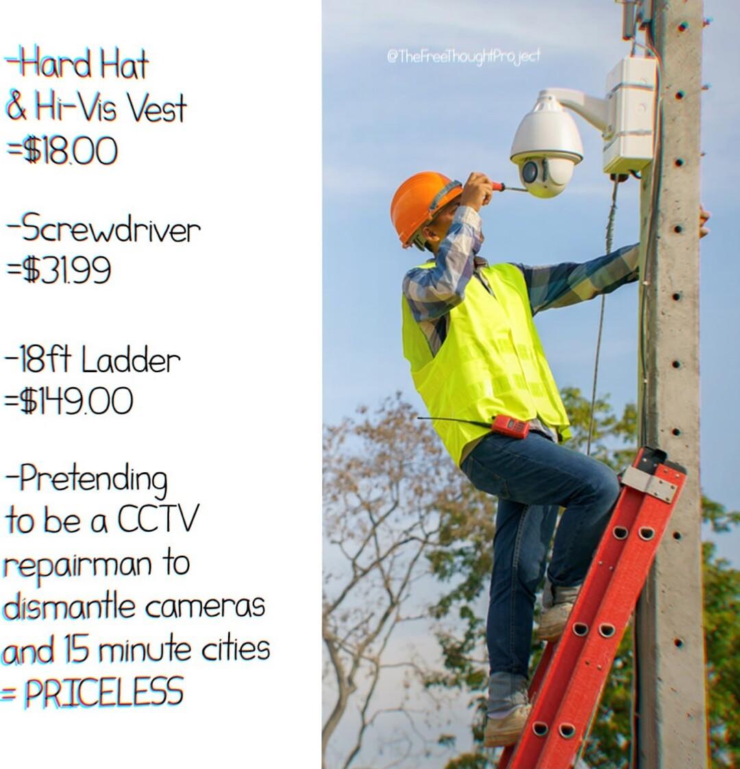 Hard Hat Hi Vis Vest 1800 Screwdriver 3199 1Bft Lodder H4900 Prefending tobe a CCTV repairman fo dismantle cameras ond 15 minute cities PRICELESS
