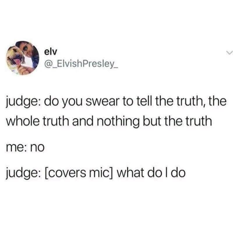 judge: do you swear to tell the truth, the whole truth and nothing but the truth me: no judge: [covers mic] what do I do