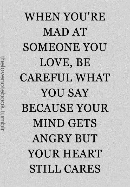 WHEN YOU'RE MAD AT SOMEONE YOU LOVE, BE CAREFUL WHAT YOU SAY BECAUSE YOUR MIND GETS ANGRY BUT YOUR HEART STILL CARES