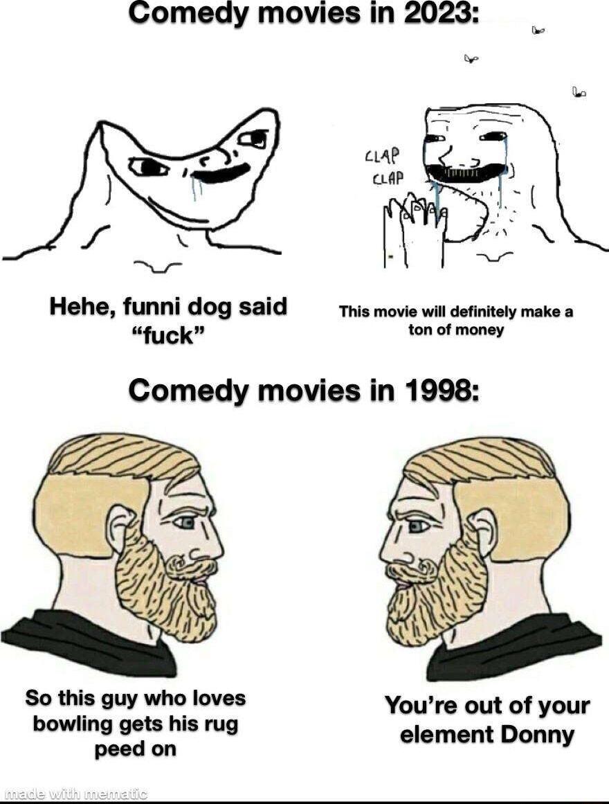 Comedy movies in 2023 Hehe funni dog said This movie will definitely make a fuck ton of money Comedy movies in 1998 So this guy who loves Youre out of your bowiling gets his rug bl element Donny