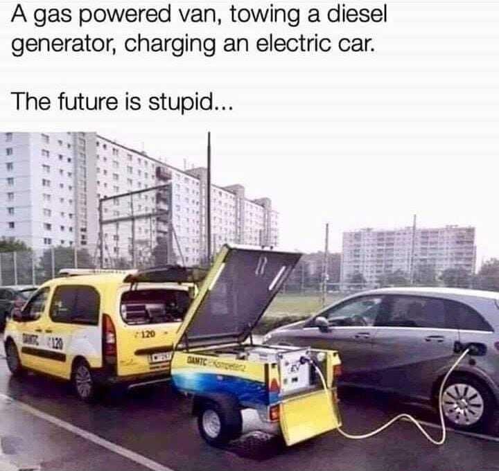 A gas powered van towing a diesel generator charging an electric car