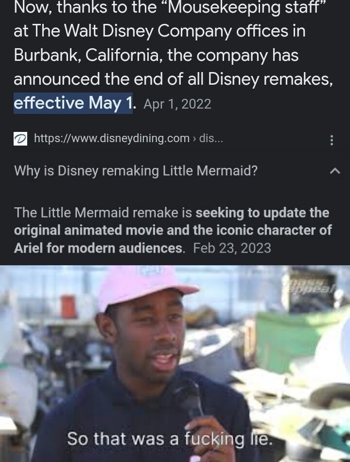 VAL CRoR g SR eIVI IS olIgle RSI 11 at The Walt Disney Company offices in Burbank California the company has announced the end of all Disney remakes effective May 1 Apr12022 httpswwwdisneydiningcom dis Why is Disney remaking Little Mermaid RLCERER VL EIGC RN ELCR B R GG EICR G Y original animated movie and the iconic character of Ariel for modern audiences Feb 232023 BRGEIATECE fucking