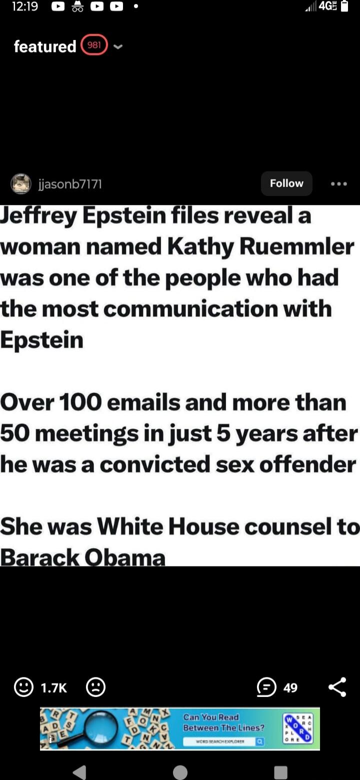 Jeffrey Epstein files reveal a woman named Kathy Ruemmler was one of the people who had the most communication with Epstein

Over 100 emails and more than 50 meetings in just 5 years after he was a convicted sex offender

She was White House counsel to Barack Obama