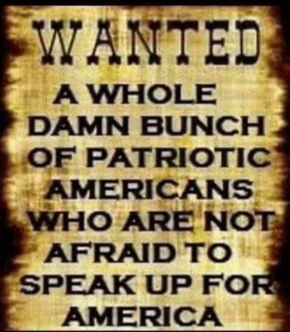 e ANTED DAMN BUNCH OF PATRIOTIC AMERICANS WHO ARE NOT AFRAID TO 1 SPEAK UP FOR AMERICA