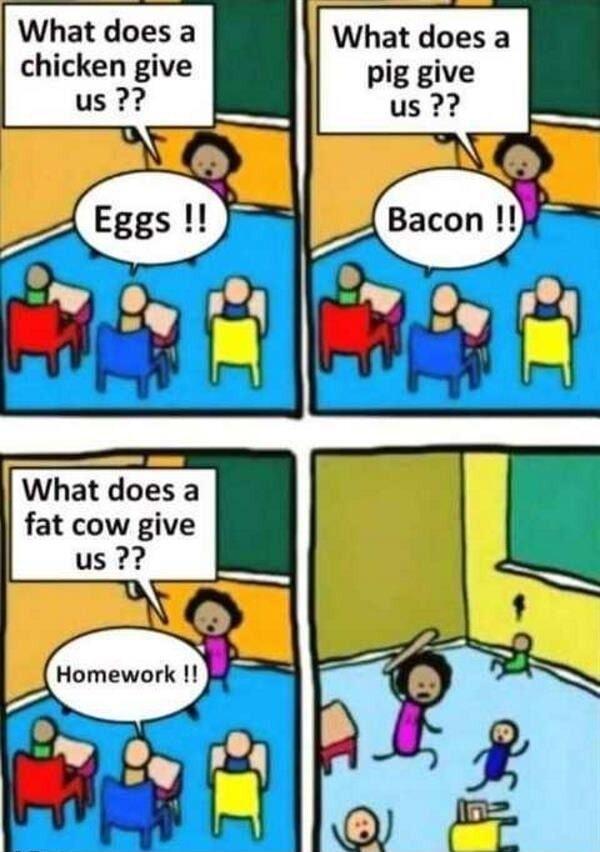 What does a What does a chicken give pig give What does a fat cow give
