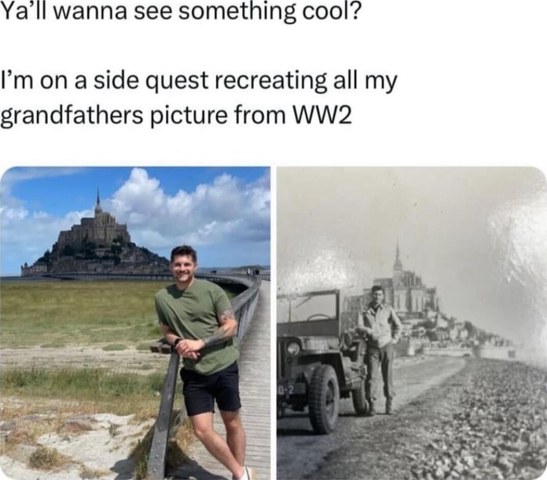 Yall wanna see something cool Im on a side quest recreating all my grandfathers picture from WW2