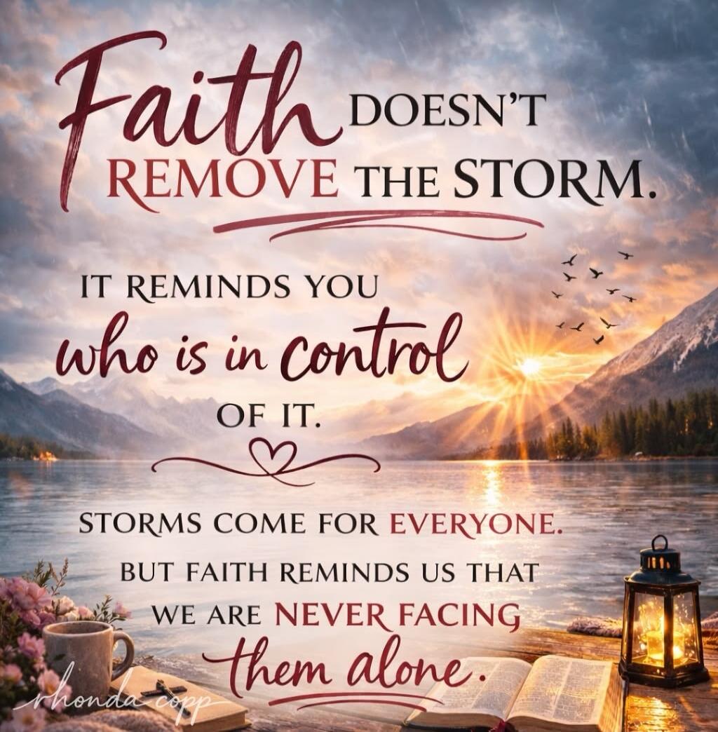 Faith DOESN'T REMOVE THE STORM. IT REMINDS YOU who is in control OF IT. STORMS COME FOR EVERYONE. BUT FAITH REMINDS US THAT WE ARE NEVER FACING them alone. rhonda copp