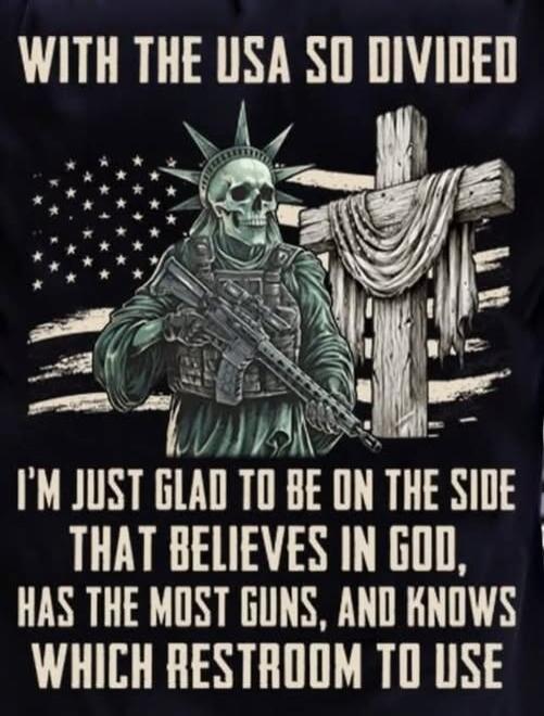 WITH THE USA SO DIVIDED I'M JUST GLAD TO BE ON THE SIDE THAT BELIEVES IN GOD, HAS THE MOST GUNS, AND KNOWS WHICH RESTROOM TO USE