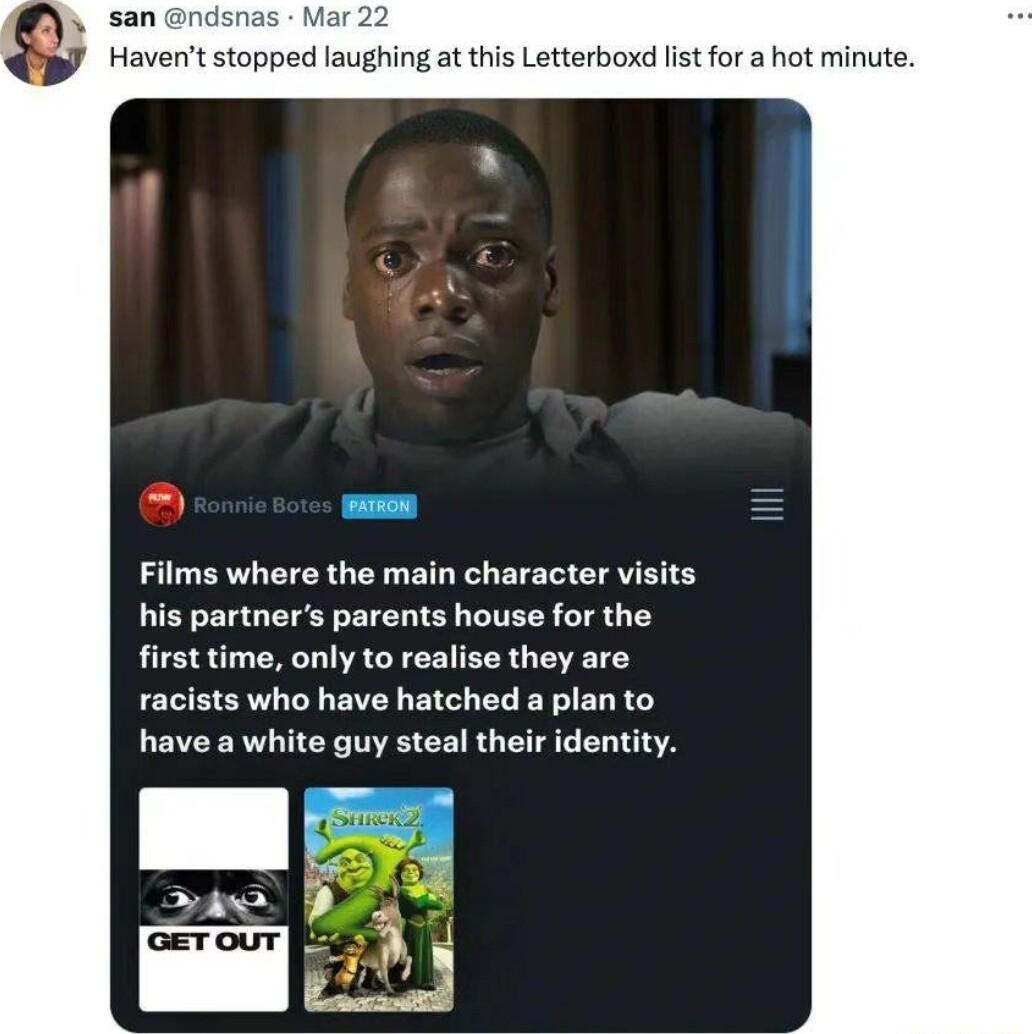 Ssan ndsnas Mar 22 Havent stopped laughing at this Letterboxd list for a hot minute Films where the main character visits his partners parents house for the first time only to realise they are racists who have hatched a plan to have a white guy steal their identity