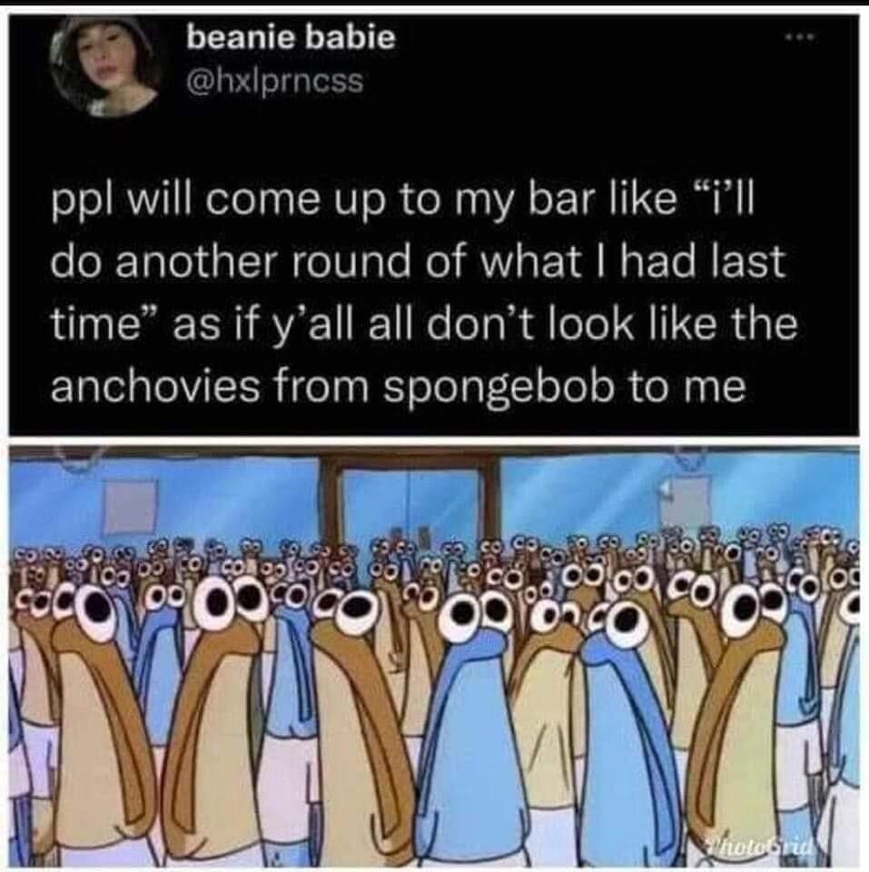 LEERIELELIT hxlprr o ppl will come up to my bar like Vll do another round of what had last time as if yall all dont look like the anchovies from spongebob to me