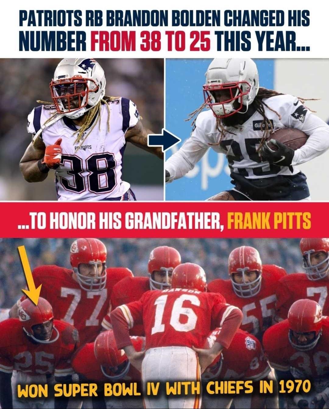 PATRIOTS RB BRANDON BOLDEN GHANGED HIS NUMBER FROM 38 T0 25 T _ 1k 10 HONOR HIS GRANDFATHER o N y AT N L WA 16 i it