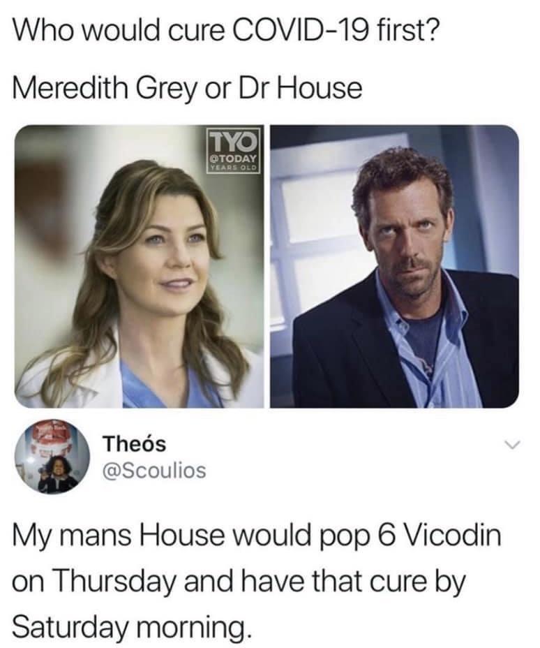 Who would cure COVID 19 first Meredith Grey or Dr House Theods Scoulios My mans House would pop 6 Vicodin on Thursday and have that cure by Saturday morning