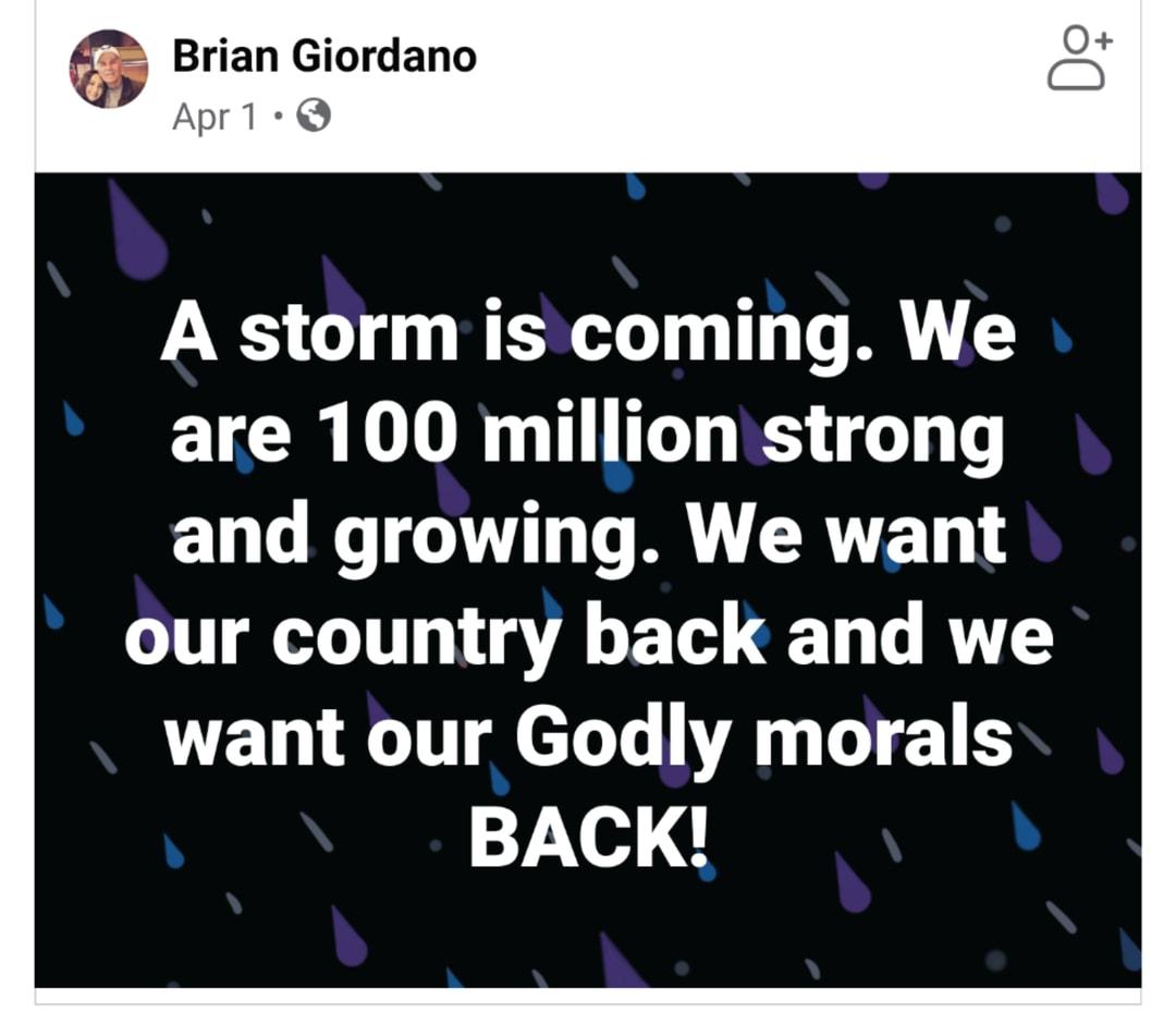 o Brian Giordano Apr1 Q A storm is coming We are 100 million strong and growing We want our country back and we VE T e TTT R eToTo Lol 2115 BACK
