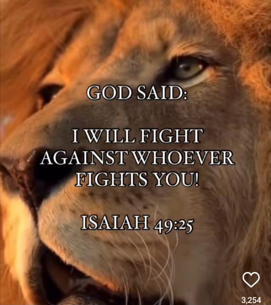 GOD SAID:
I WILL FIGHT AGAINST WHOEVER FIGHTS YOU!
ISAIAH 49:25