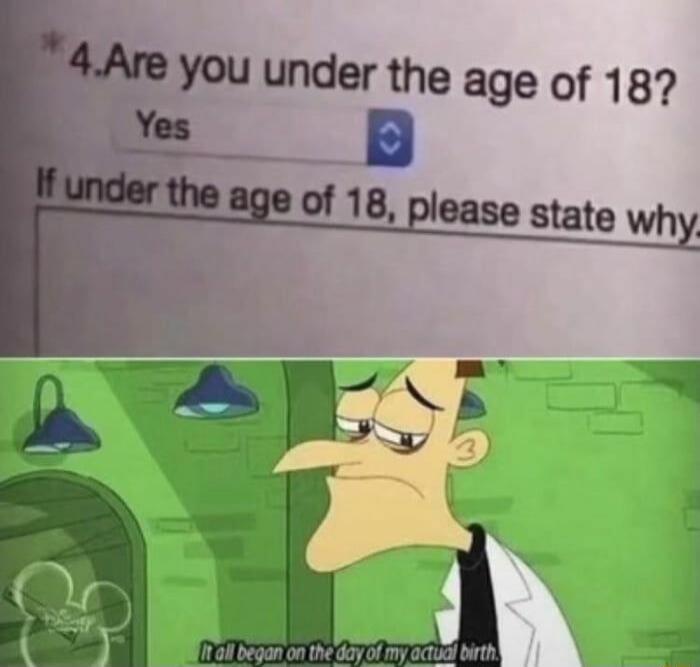 4. Are you under the age of 18? Yes. If under the age of 18, please state why. It all began on the day of my actual birth.