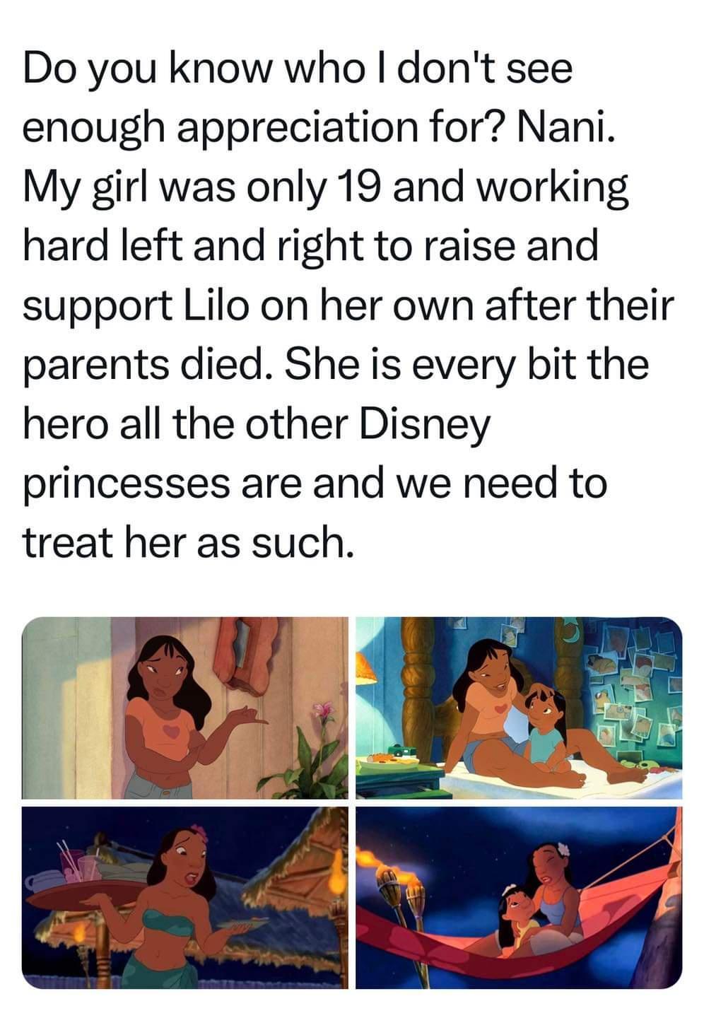 Do you know who dont see enough appreciation for Nani My girl was only 19 and working hard left and right to raise and support Lilo on her own after their parents died She is every bit the hero all the other Disney princesses are and we need to treat her as such