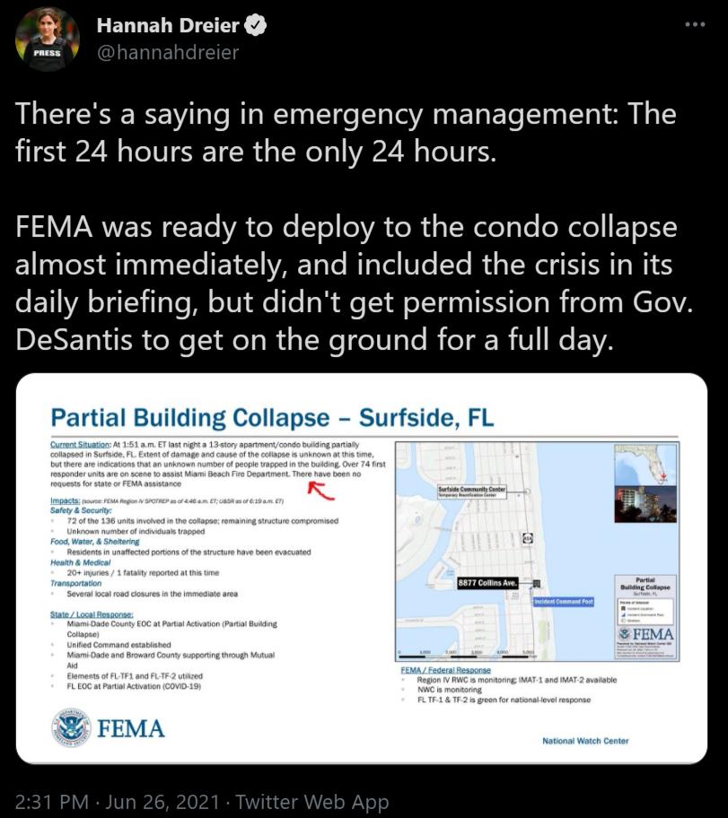 i Hannah Dreier WV ornss Theres a saying in emergency management The first 24 hours are the only 24 hours H S RVERNETe V ToR e Tel oA TeR 1 s I NelelsTe oX ele ETe El Il A TaaITe ETCI VA ToTe Ml oYl UTe Ye i s oWy N T To Wi S e ETIVA oJATTil Yo Ml oIUN Te g B Ao Ao T aa ST o W el sy N ETo1A IDINET I oo TIeTa i sT Ne eIs Yo B TR R V Ne EIVA Partial Building Collapse Surfside FL