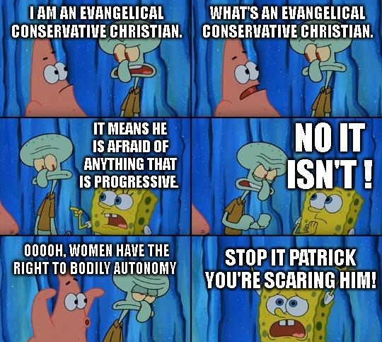 1 AM AN EVANGELICAL CONSERVATIVE CHRISTIAN 4 IT MEANS HE 1S AFRAID OF 9 ANVTHING THAT 7 1S PROGRESSIVE A Lgm B 0000H WOMEN HAVE THE RIGHT T0 BODILY AUTONOMY V y 1 l o L e WHATS AN EVANGELICAL GONSERVATIVE CHRISTIAN 29 PR STOPITPATRICK YOURE SGARING HIF 4