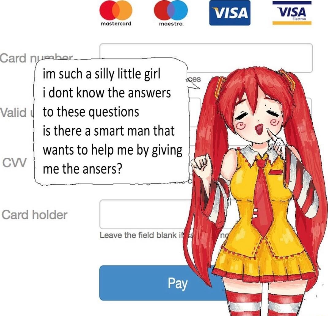 L visa Card rysmbae im such asilly little girl Y X idont know the answers h Valid 1 to these questions is there a smart man that wants to help me by givi me the ansers cw Card holder