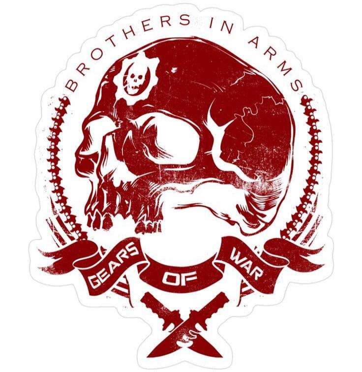 BROTHERS IN ARMS GEARS OF WAR. A stylized skull with a gear symbol on its forehead, surrounded by a spine-like chain, and banners below with the text 'GEARS OF WAR'. Two crossed knives are at the bottom.