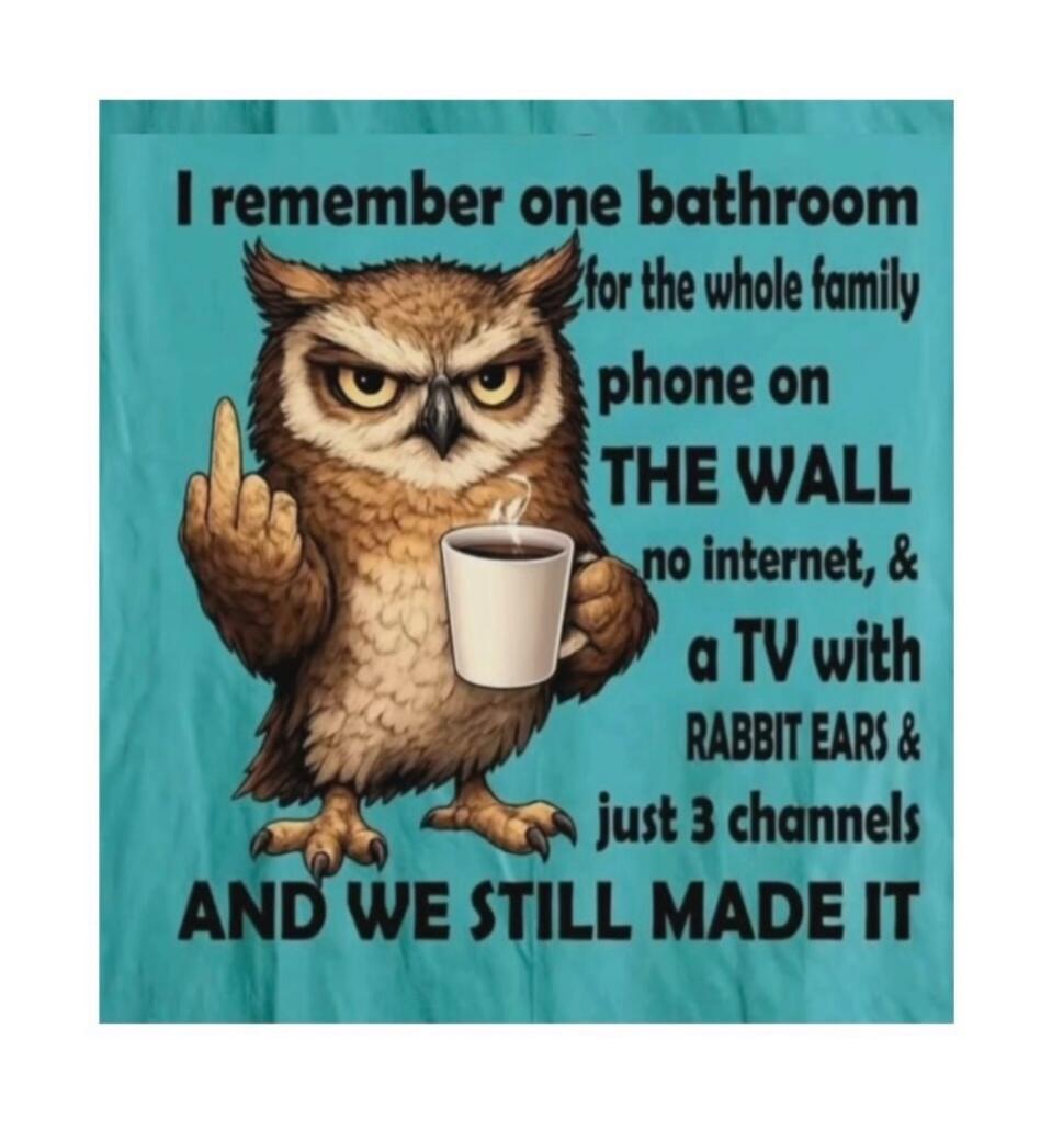 I remember one bathroom for the whole family phone on THE WALL no internet, & a TV with RABBIT EARS & just 3 channels AND WE STILL MADE IT