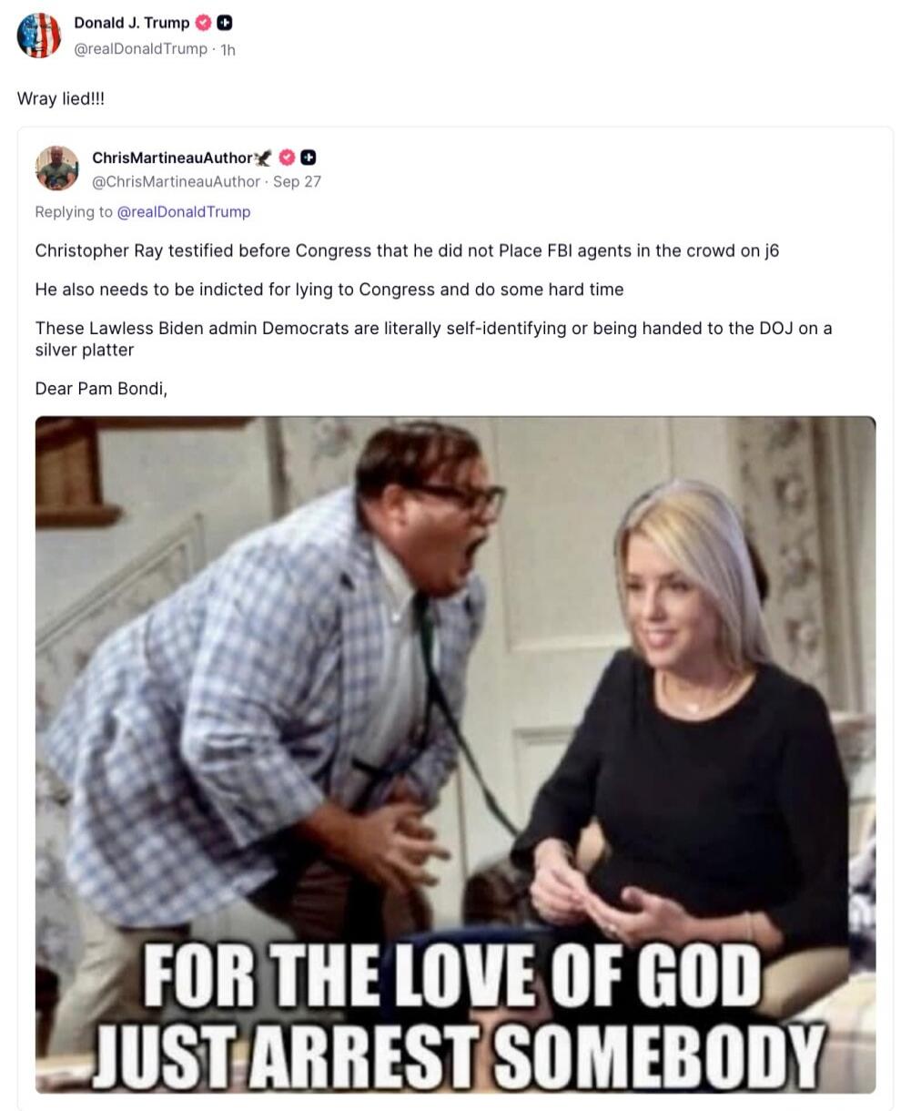 Wray lied!!! \nThese Lawless Biden admin Democrats are literally self-identifying or being handed to the DOJ on a silver platter\nDear Pam Bondi,\nFOR THE LOVE OF GOD JUST ARREST SOMEBODY