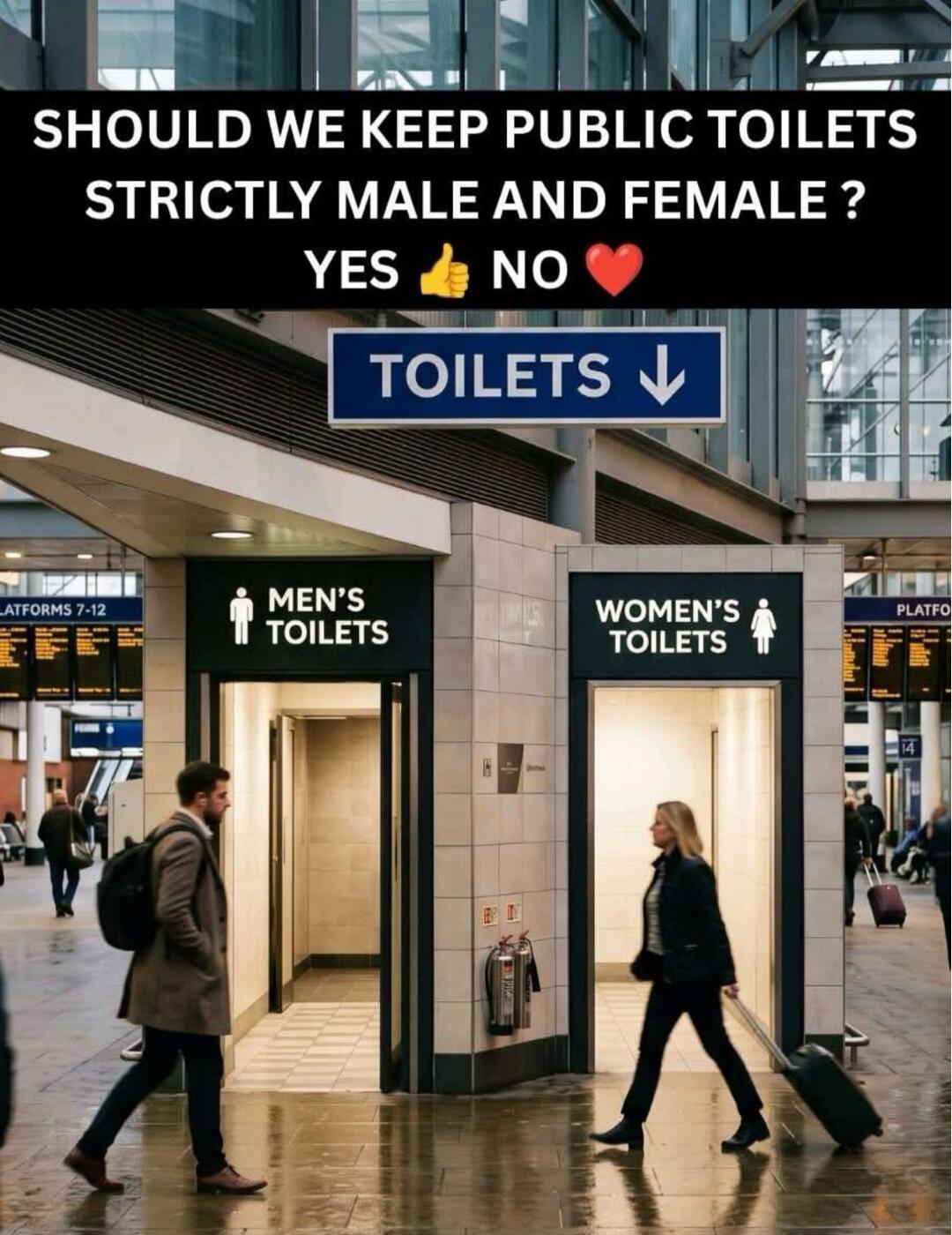 SHOULD WE KEEP PUBLIC TOILETS STRICTLY MALE AND FEMALE ? YES 👍 NO ❤️ TOILETS ↓ MEN'S TOILETS WOMEN'S TOILETS PLATFORMS 7-12 PLATFO
