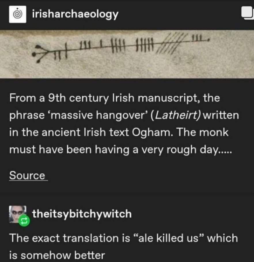 L ET EET 1o From a 9th century Irish manuscript the phrase massive hangover Latheirt written R CRToTel T ot Al E1 o e Je o FTa o W o W g ToTa IVE g EAVEN o STTo W o Fo A g Ve B RVT aVAT o1 To o e VAR Source gtheitsybitchywitch The exact translation is ale killed us which is somehow better