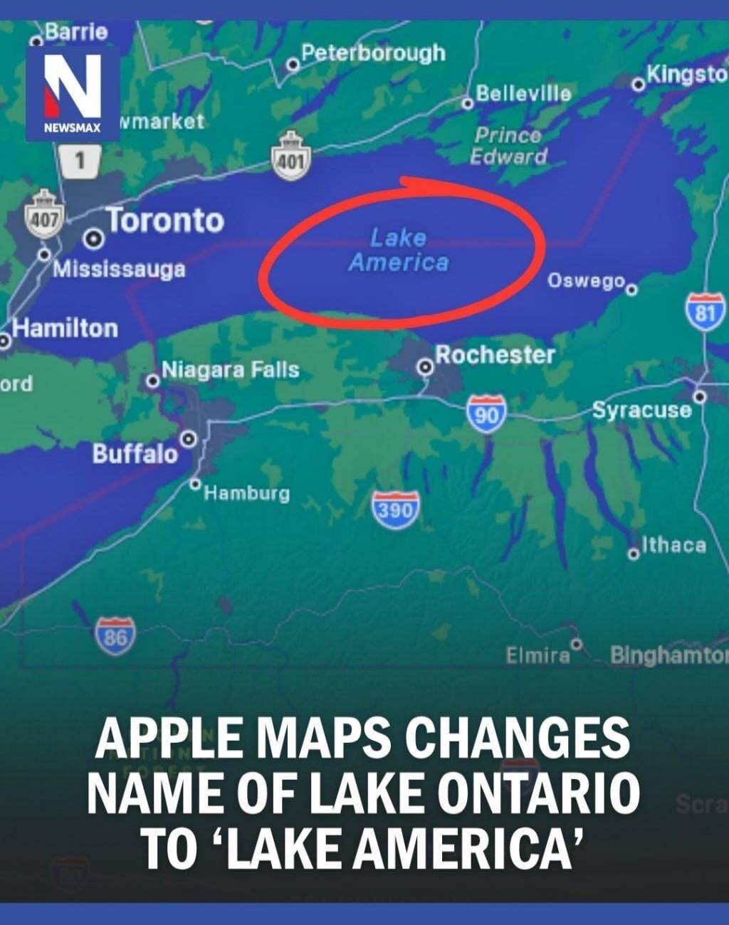 APPLE MAPS CHANGES NAME OF LAKE ONTARIO TO 'LAKE AMERICA'. The image displays a map with Lake Ontario circled in red and incorrectly labeled as 'Lake America'. Surrounding cities such as Toronto, Niagara Falls, Buffalo, Rochester, and Syracuse are visible.