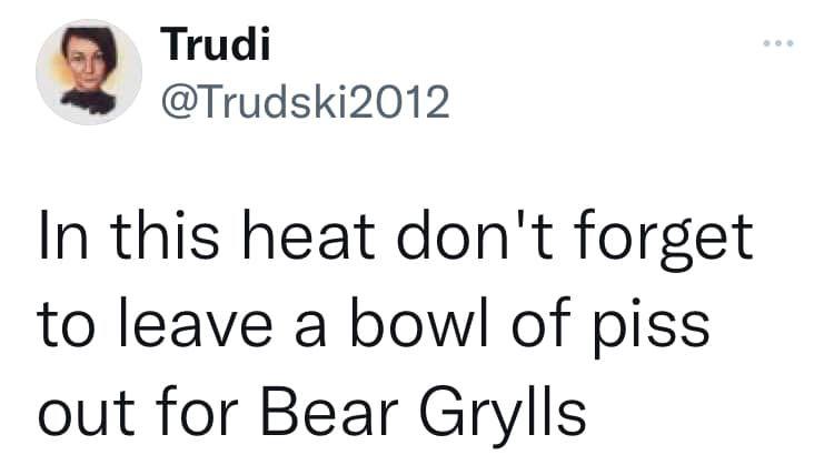 Trudi Trudski2012 In this heat dont forget to leave a bowl of piss out for Bear Grylls