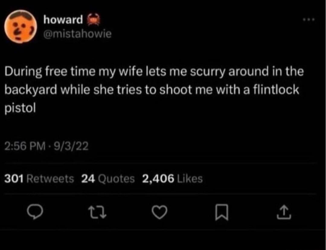 howard mistahowie During free time my wife lets me scurry around in the backyard while she tries to shoot me with a flintlock pistol 256 PM 9322 301 Retweets 24 Quotes 2406 Likes Qo Q A