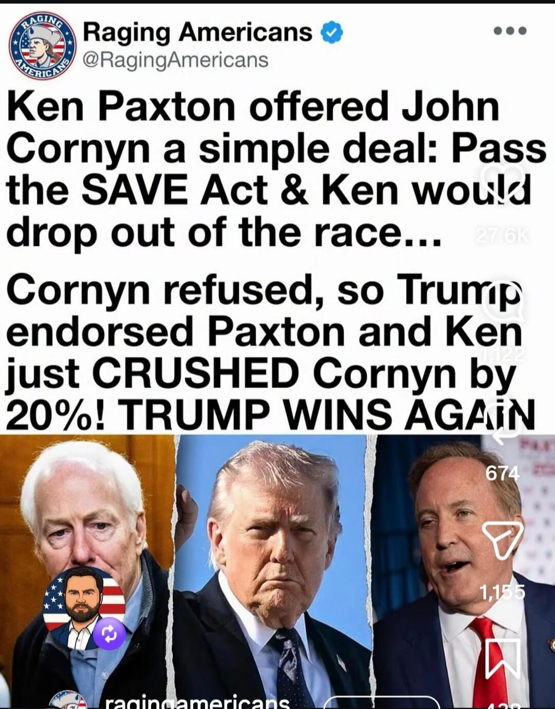 Raging Americans @RagingAmericans Ken Paxton offered John Cornyn a simple deal: Pass the SAVE Act & Ken would drop out of the race... Cornyn refused, so Trump endorsed Paxton and Ken just CRUSHED Cornyn by 20%! TRUMP WINS AGAIN