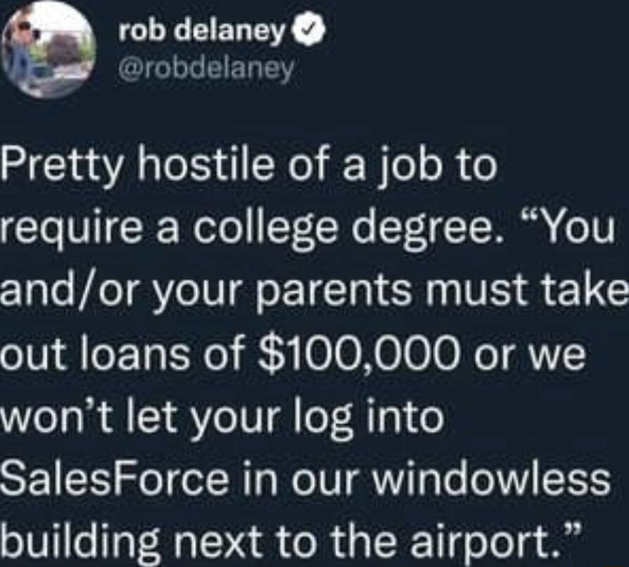 rob delaney GIG1VG EIERTEY Pretty hostile of a job to L VI WeTo Y We F T MR o1 andor your parents must take out loans of 100000 or we wont let your log into SalesForce in our windowless building next to the airport