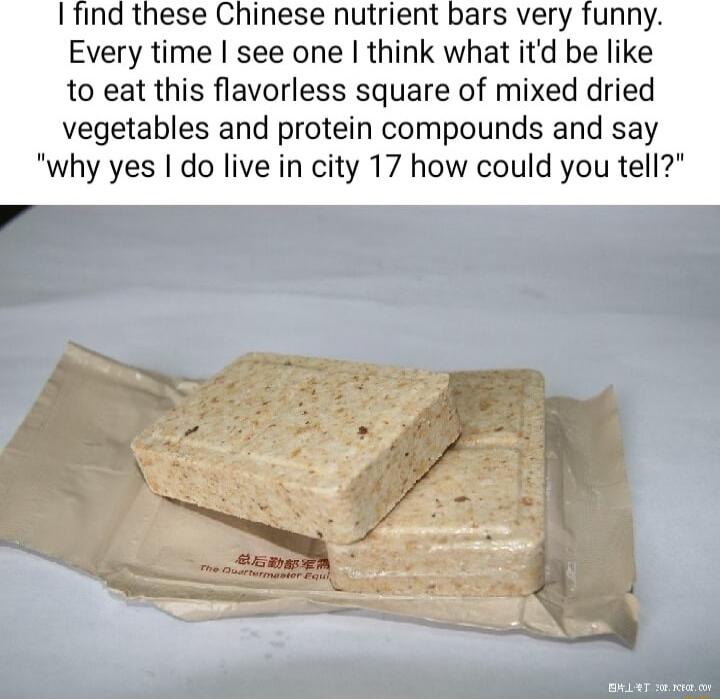 Iind these Chinese nutrient bars very funny Every time see one think what itd be like to eat this flavorless square of mixed dried vegetables and protein compounds and say why yes do live in city 17 how could you tell
