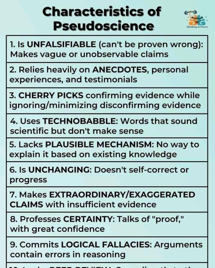 Characteristicsof Pseudoscience 1 Is UNFALSIFIABLE cant be proven wrong Makes vague or unobservable claims 2 Relies heavily on ANECDOTES personal experiences and testimonials 3 CHERRY PICKS confirming evidence while ignoringminimizing disconfirming evidence 4 Uses TECHNOBABBLE Words that sound scientific but dont make sense 5 Lacks PLAUSIBLE MECHANISM No way to explain it based on existing knowled