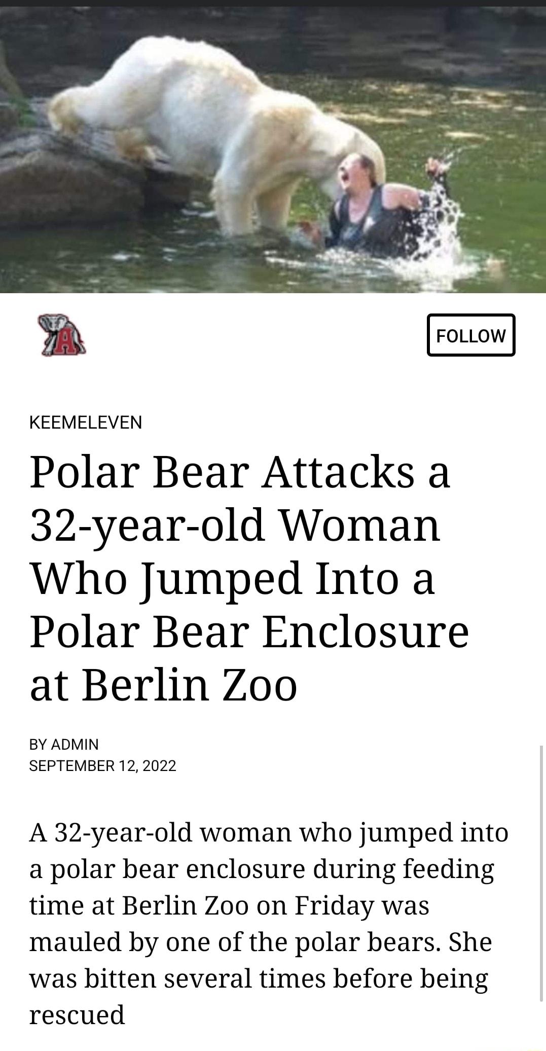 m FOLLOW KEEMELEVEN Polar Bear Attacks a 32 year old Woman Who Jumped Into a Polar Bear Enclosure at Berlin Zoo BY ADMIN SEPTEMBER 12 2022 A 32 year old woman who jumped into a polar bear enclosure during feeding time at Berlin Zoo on Friday was mauled by one of the polar bears She was bitten several times before being rescued