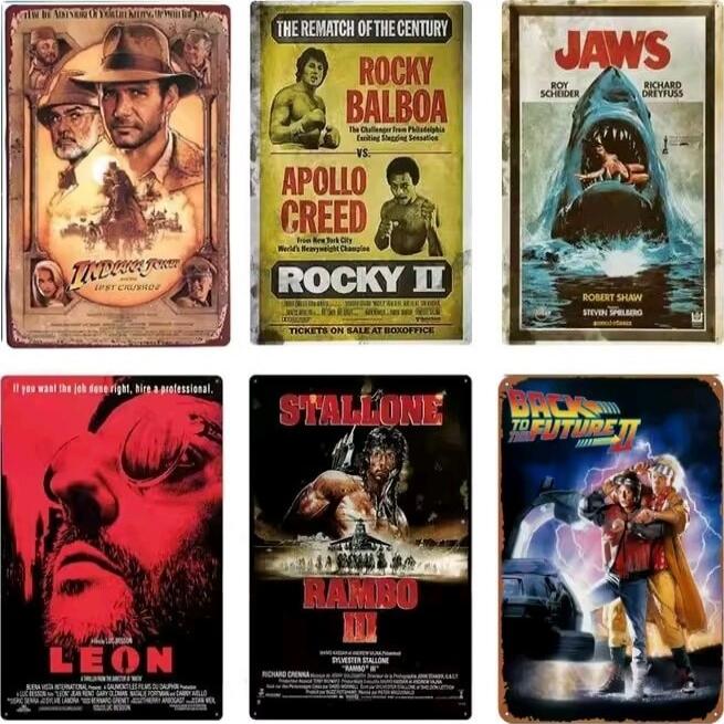 Top row left: [unknown poster] / Top row middle: The Rematch of the Century Rocky Balboa Apollo Creed Rocky II / Top row right: Jaws
Bottom row left: Leon (The Professional)
Bottom row middle: Stallone Rambo III
Bottom row right: Back to the Future Part II