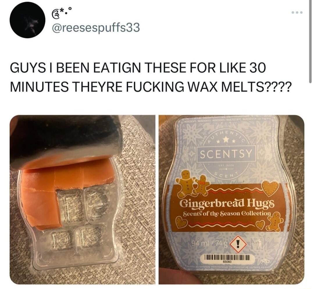 reesespuffs33 GUYS BEEN EATIGN THESE FOR LIKE 30 MINUTES THEYRE FUCKING WAX MELTS