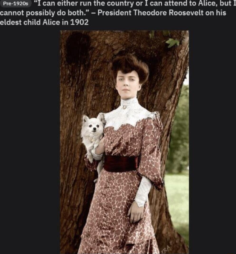 Preas20s 1 can either run the country or 1 can attend to Alice but 1 cannot possibly do both President Theodore Roosevelt on his eldest child Alice in 1902 n