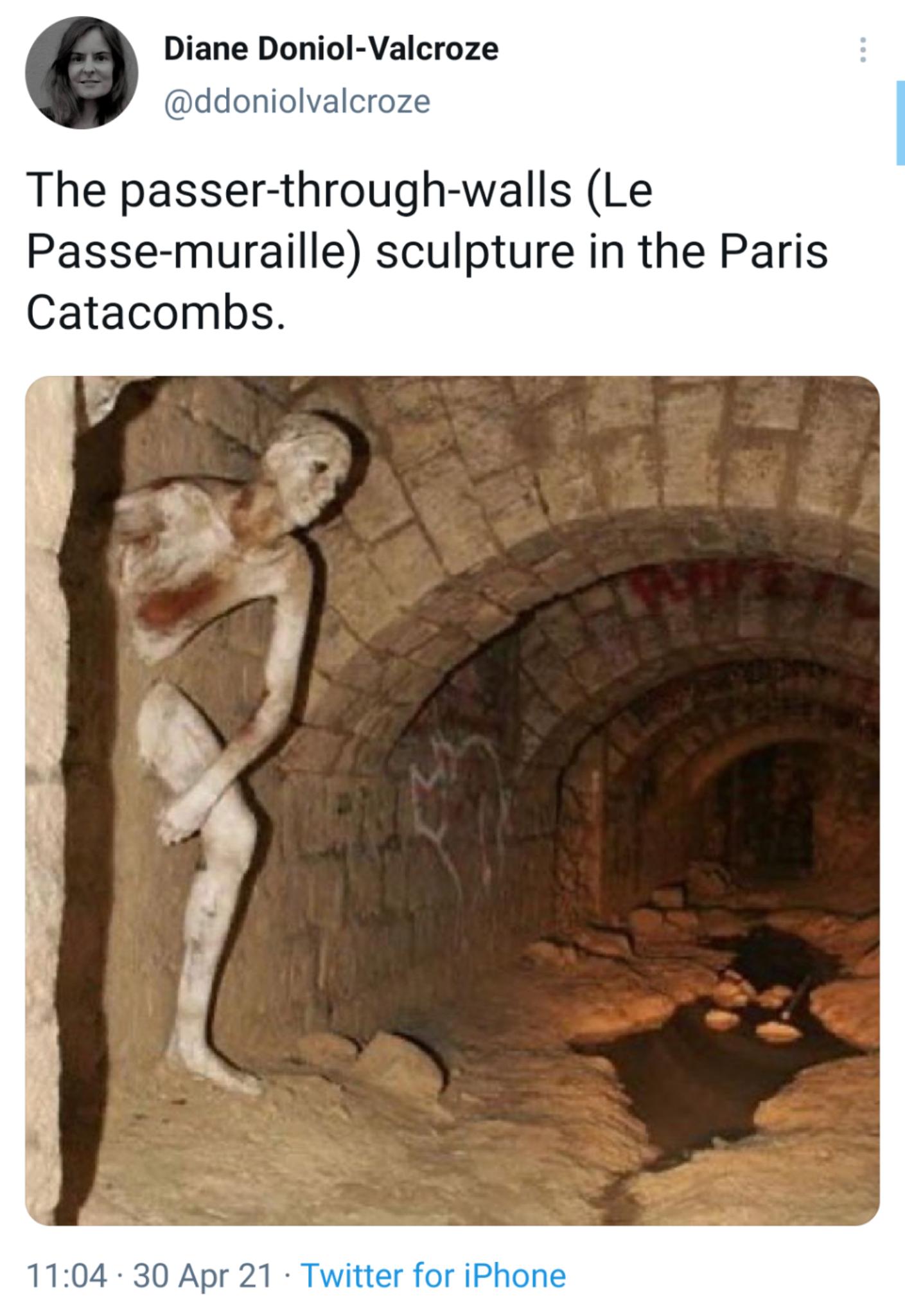 Diane Doniol Valcroze ddoniolvalcroze The passer through walls Le Passe muraille sculpture in the Paris Catacombs 1104 30 Apr 21