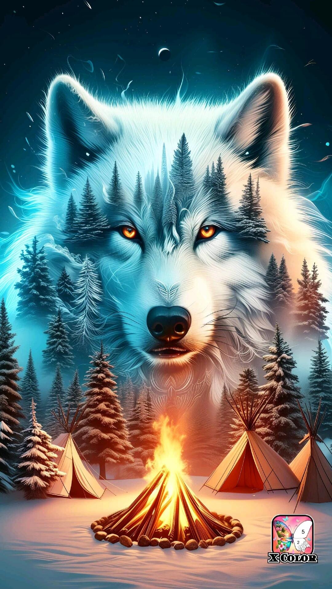 Wolf portrait blending into a snowy forest with tents and a campfire under a night sky.
